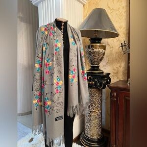 Luxury Gray Cashmere & Wool Scarf - Floral Embroidered Fringe, Brand New